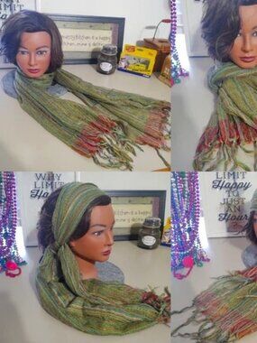 Boho Chic Two-Tone Scarf Green, Burgundy & Metallic